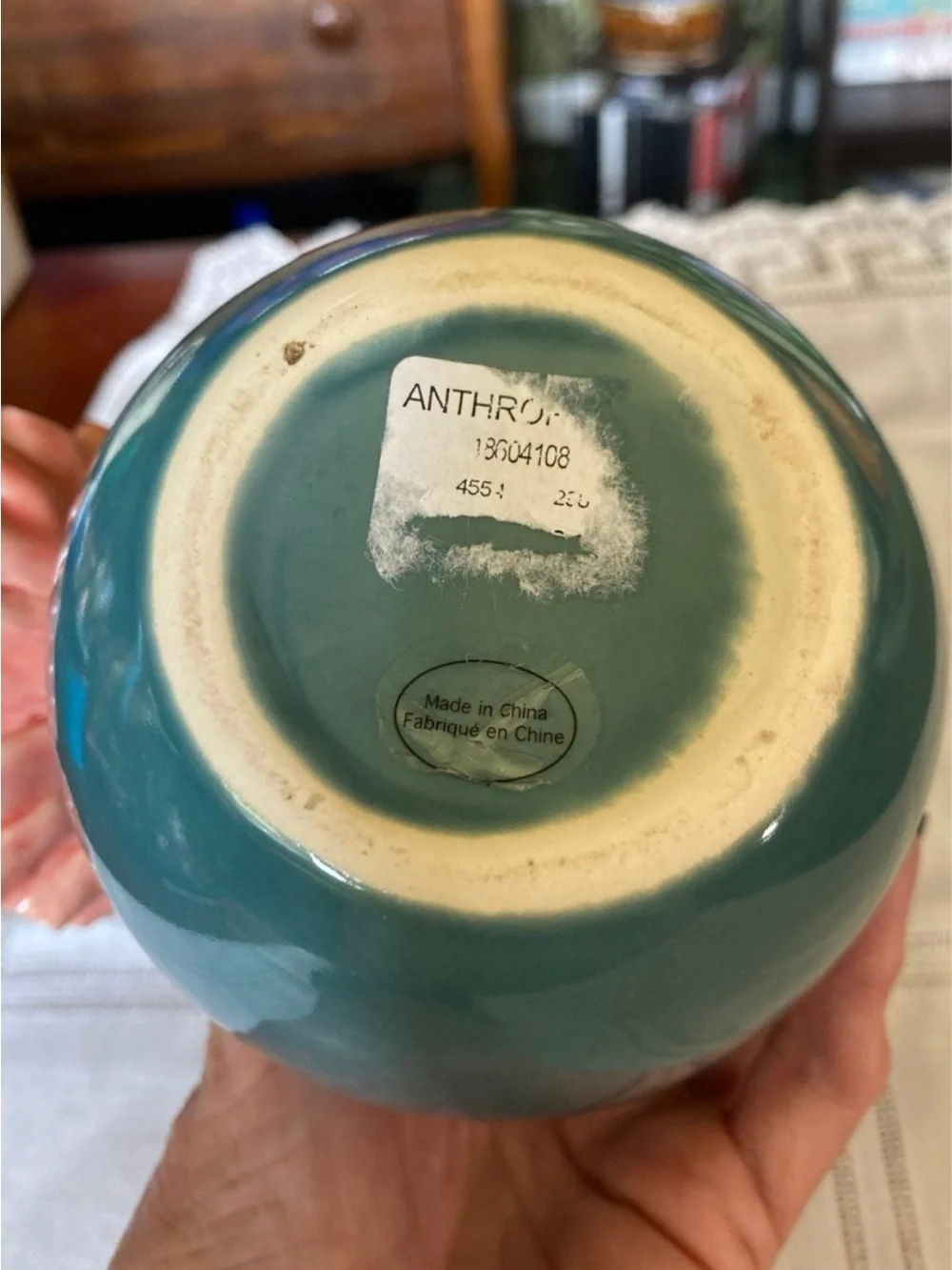 Anthropologie Teal Ceramic Vase with Cream Base